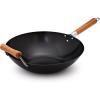 Sur La Table 14″ Nonstick Wok with Maple Handle – Steel Stir-Fry Pan with Flat Bottom for Even Heating, Healthy Cooking with Little to No Oil, Lightweight and Induction Compatible(Black)