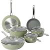 Sur La Table Kitchen Essentials 10 Piece PFA Free Non-Toxic Titanium Ceramic Nonstick Interior Forged Aluminum Cookware Pots and Pans Set – Linen White – Induction Compatible(Green)