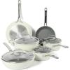 Sur La Table Kitchen Essentials 10 Piece PFA Free Non-Toxic Titanium Ceramic Nonstick Interior Forged Aluminum Cookware Pots and Pans Set – Linen White – Induction Compatible(Linen White)