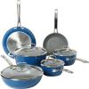 Sur La Table Kitchen Essentials 10 Piece PFA Free Non-Toxic Titanium Ceramic Nonstick Interior Forged Aluminum Cookware Pots and Pans Set – Linen White – Induction Compatible(Blue)