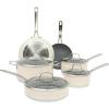 Sur La Table Kitchen Essentials 10 Piece PFA Free Non-Toxic Titanium Ceramic Nonstick Interior Forged Aluminum Cookware Pots and Pans Set – Linen White – Induction Compatible(Two-Tone White & Silver)