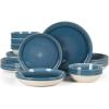 Sur La Table Kitchen Essentials Banquette 16 Piece Double Bowl Plates and Bowls Reactive Glaze Stoneware Dinnerware Set – Green(Blue)