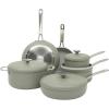 Sur La Table Kitchen Essentials Potluck Porch 10 Piece PFA Free Ceramic Non stick Interior Forged Aluminum Cookware Pots and Pans Set W/Aluminum Lids – Linen White – Induction Compatible(Green)