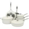 Sur La Table Kitchen Essentials Potluck Porch 10 Piece PFA Free Ceramic Non stick Interior Forged Aluminum Cookware Pots and Pans Set W/Aluminum Lids – Linen White – Induction Compatible(Linen White)