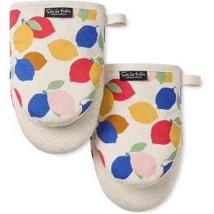 SUR LA Table Kitchen Essentials Quirky Strawberries Fruit Mini Oven Mitt 2-Pack Set, Heat Resistant, 100% Cotton, Flexible Non-Slip Silicone Grip, Pink/Green/Cream, 5.5″x8″(Yellow/Blue/Ivory)