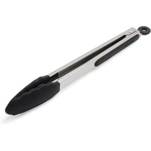 Sur La Table 12″ Silicone-Tipped Tongs – Stainless Steel Kitchen Tongs with Nonstick, Heat-Resistant Tips – Locking Handle for Compact Storage, Black(Black)