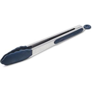 Sur La Table 12″ Silicone-Tipped Tongs – Stainless Steel Kitchen Tongs with Nonstick, Heat-Resistant Tips – Locking Handle for Compact Storage, Black(Navy)