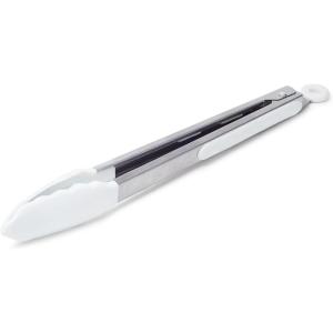 Sur La Table 12″ Silicone-Tipped Tongs – Stainless Steel Kitchen Tongs with Nonstick, Heat-Resistant Tips – Locking Handle for Compact Storage, Black(White)