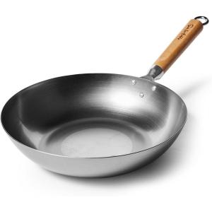 Sur La Table 14″ Carbon-Steel Wok, Flat Bottom Pan for High-Heat Cooking – Ideal for Deep-Frying, Steaming, and Stir-Frying– Lightweight, Fast Heating(Gray)