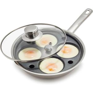 Sur La Table 14″ Egg Poacher Nonstock Stainless Steel Pan with Lid, 4 Egg Cup Insert