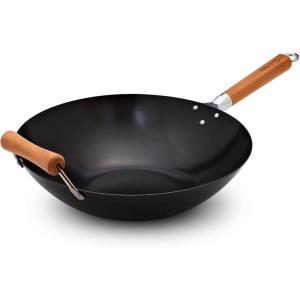 Sur La Table 14″ Nonstick Wok with Maple Handle – Steel Stir-Fry Pan with Flat Bottom for Even Heating, Healthy Cooking with Little to No Oil, Lightweight and Induction Compatible(Black)