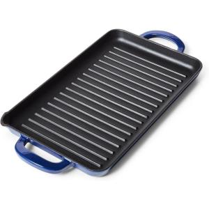Sur La Table 15″ x 9″ Enameled Cast Iron Grill Pan – Rectangular Stove-to-Oven Griddle for Steaks, Veggies & Seafood, Induction Compatible, Oven to 500°F, No Seasoning Required, Blue