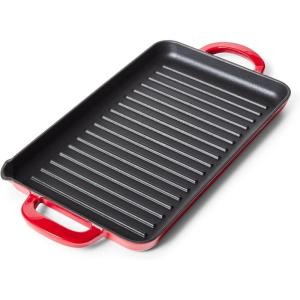 Sur La Table 15″ x 9″ Enameled Cast Iron Grill Pan – Rectangular Stove-to-Oven Griddle for Steaks, Veggies & Seafood, Induction Compatible, Oven to 500°F, No Seasoning Required, Red