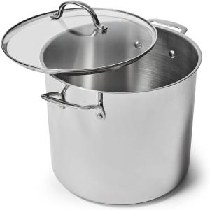 Sur La Table 16-Quart Stainless Steel Stockpot – Large Capacity Soup & Stew Pot with High Sides and Wide Base, Impact-Bonded Warp-Resistant Base, Riveted Handles, Oven & Induction, Rolled Rim for