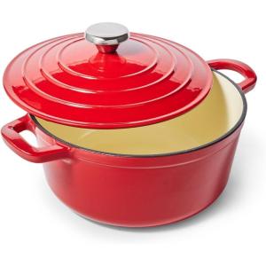 Sur La Table 4-Qt Enameled Cast Iron Dutch Oven – Oven & Broiler to 500°F, Induction Compatible, with Lid for Braising, Baking & Deep Frying, Nonstick Interior, Red(Red)