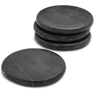 Sur La Table Black Marquina Marble Coasters – Set of 4 Handmade Stone Drink Coasters, 4″ Round, Protects Surfaces with Elegant Modern Style