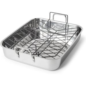 Sur La Table Classic 3-Ply Stainless Steel Roaster with Nonstick Rack, 15.75″x13″, Silver