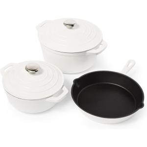 Sur La Table Enameled Cast Iron Cookware Set – Includes 5-Qt & 2.5-Qt Dutch Ovens with Lids and 10″ Skillet, Oven to 500°F, Induction Compatible, Essential Starter Gift Set, White(White)