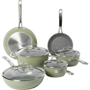 Sur La Table Kitchen Essentials 10 Piece PFA Free Non-Toxic Titanium Ceramic Nonstick Interior Forged Aluminum Cookware Pots and Pans Set – Linen White – Induction Compatible(Green)