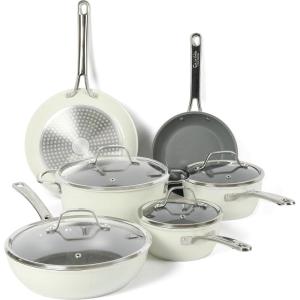 Sur La Table Kitchen Essentials 10 Piece PFA Free Non-Toxic Titanium Ceramic Nonstick Interior Forged Aluminum Cookware Pots and Pans Set – Linen White – Induction Compatible(Linen White)