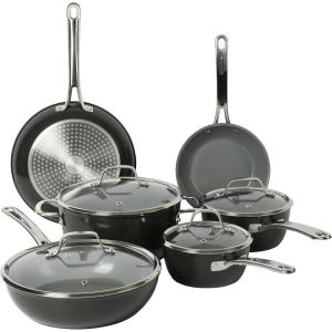 Sur La Table Kitchen Essentials 10 Piece PFA Free Non-Toxic Titanium Ceramic Nonstick Interior Forged Aluminum Cookware Pots and Pans Set – Linen White – Induction Compatible(Black)