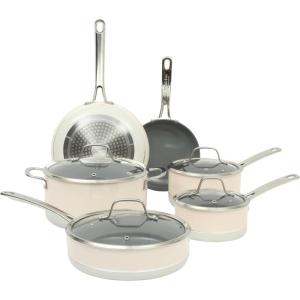 Sur La Table Kitchen Essentials 10 Piece PFA Free Non-Toxic Titanium Ceramic Nonstick Interior Forged Aluminum Cookware Pots and Pans Set – Linen White – Induction Compatible(Two-Tone White & Silver)