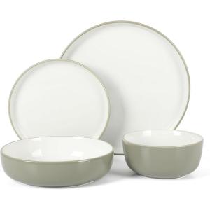 Sur La Table Kitchen Essentials 16 Piece Two-Tone Porcelain Chip and Scratch Resistant Dinnerware Plates and Bowls Set – Green/White(Grey/White)