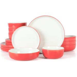 Sur La Table Kitchen Essentials 16 Piece Two-Tone Porcelain Chip and Scratch Resistant Dinnerware Plates and Bowls Set – Green/White(Red/White)
