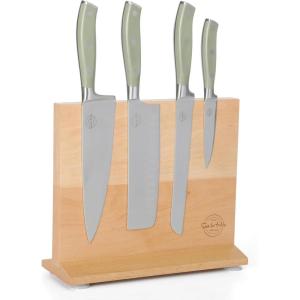 Sur La Table Kitchen Essentials 5 Piece German Steel Blade w/Triple Riveted Handle Set on Beechwood Magnetic Block – Linen White(Juniper Green)
