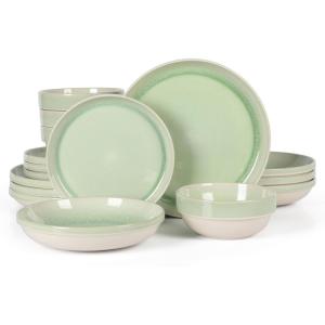 Sur La Table Kitchen Essentials Banquette 16 Piece Double Bowl Plates and Bowls Reactive Glaze Stoneware Dinnerware Set – Black(Green)