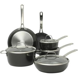 Sur La Table Kitchen Essentials Cool Commune Hard Anodized 10 Piece PFA Free Ceramic Non stick Interior Forged Durable Aluminum Pots and Pans Cookware Set – Black – Induction Compatible(Black (Hard Anodized Aluminum))