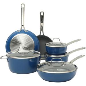 Sur La Table Kitchen Essentials Cool Commune Hard Anodized 10 Piece PFA Free Ceramic Non stick Interior Forged Durable Aluminum Pots and Pans Cookware Set – Black – Induction Compatible(Blue (Hard Anodized Aluminum))