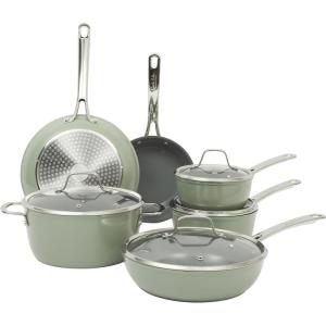 Sur La Table Kitchen Essentials Cool Commune Hard Anodized 10 Piece PFA Free Ceramic Non stick Interior Forged Durable Aluminum Pots and Pans Cookware Set – Black – Induction Compatible(Green (Hard Anodized Aluminum))