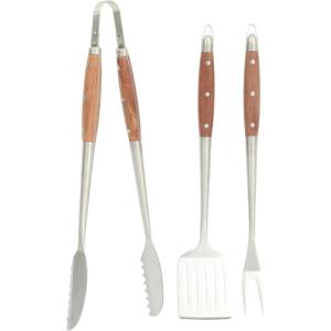 Sur La Table Kitchen Essentials Family Cookout Heavy Duty Stainless Steel Grilling Tool Set W/Wooden Handles, Tongs, Slotted Turner, and Fork Set