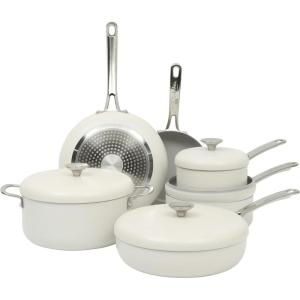 Sur La Table Kitchen Essentials Potluck Porch 10 Piece PFA Free Ceramic Non stick Interior Forged Aluminum Cookware Pots and Pans Set W/Aluminum Lids – Linen White – Induction Compatible(Linen White)