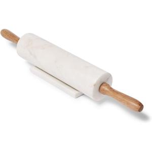 Sur La Table Marble Rolling Pin with Wooden Handles, White