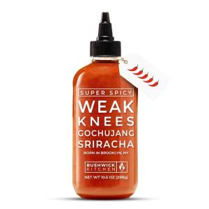 Weak Knees Gochujang Sriracha Hot Sauce, Infused with Bold Korean Gochujang Paste & Classic Spicy Sriracha, Made in the USA, 10.5oz Squeeze Bottle(Super Spicy Sriracha 10.5oz)
