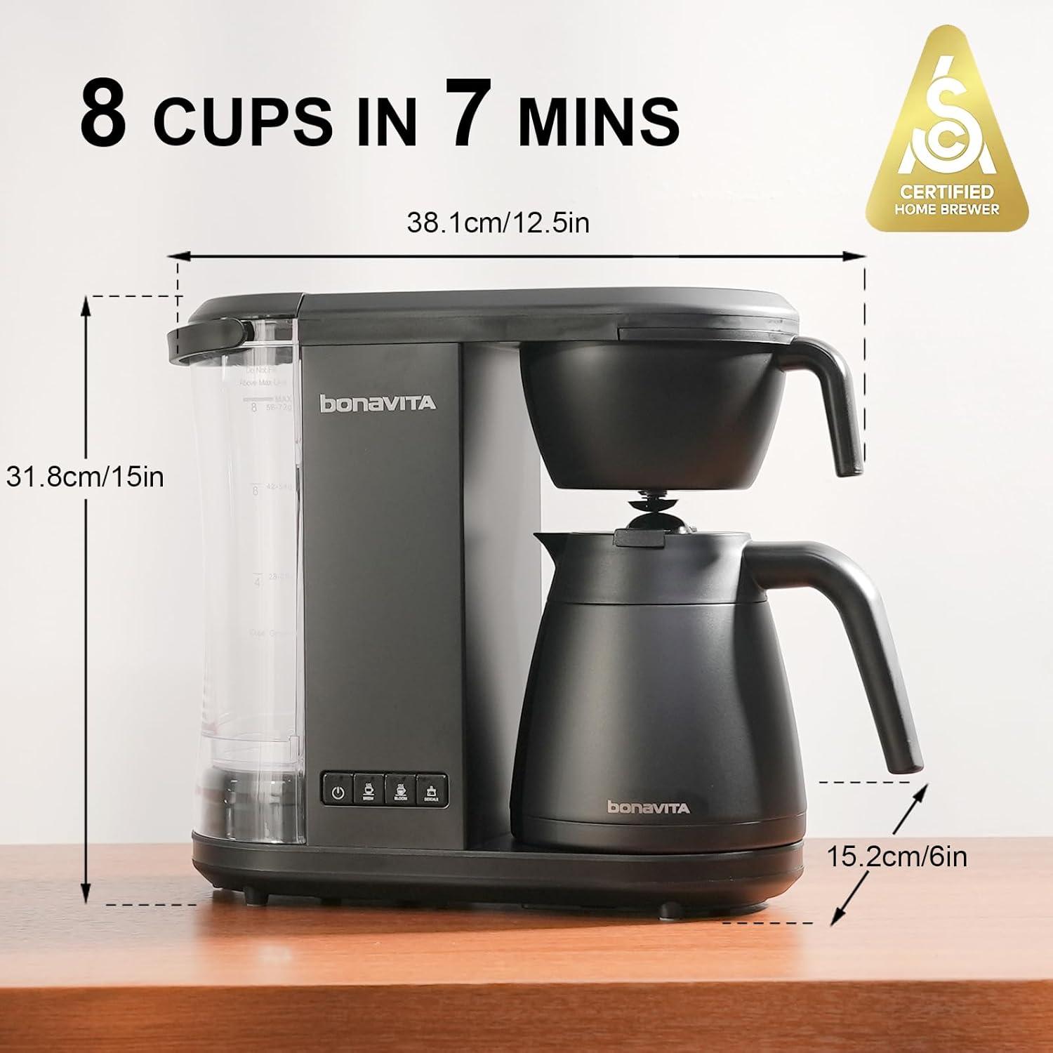 imageBonavita Enthusiast 8 Cup Drip Coffee Brewer Pour Over SCA Certified Coffee Machine with Thermal Carafe Stainless Steel Panel Removable ReservoirMatte Black