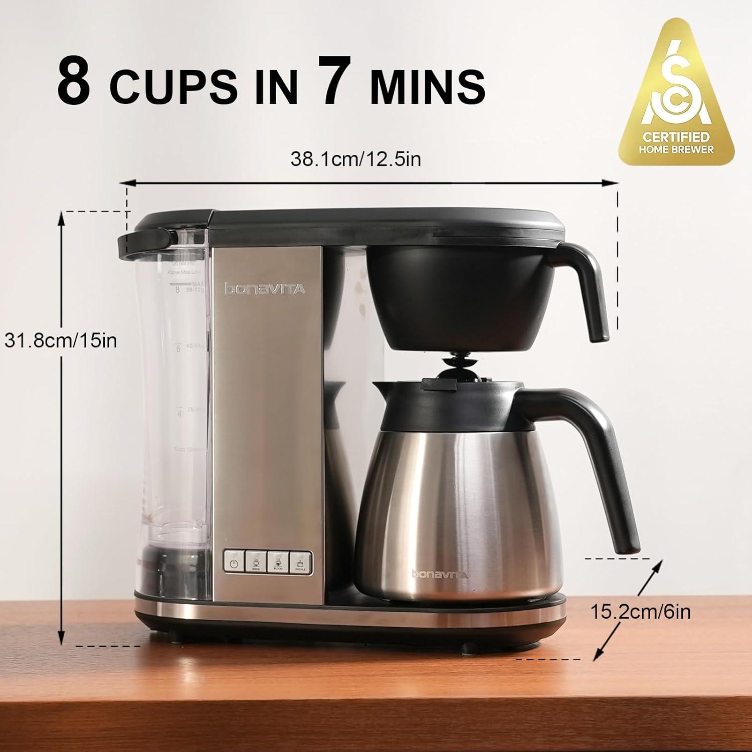 imageBonavita Enthusiast 8 Cup Drip Coffee Brewer Pour Over SCA Certified Coffee Machine with Thermal Carafe Stainless Steel Panel Removable ReservoirSilver