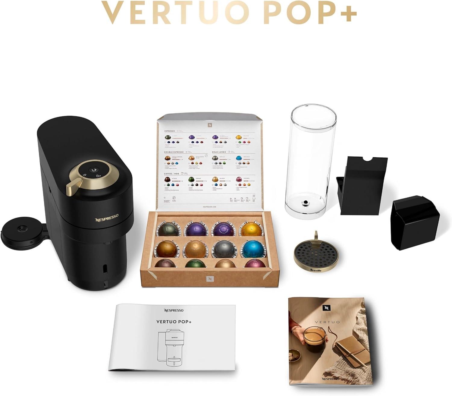 imageNespresso Festive Vertuo Pop Deluxe Coffee and Espresso Maker by Breville with Milk Frother Matte Black GoldMatte Black Gold