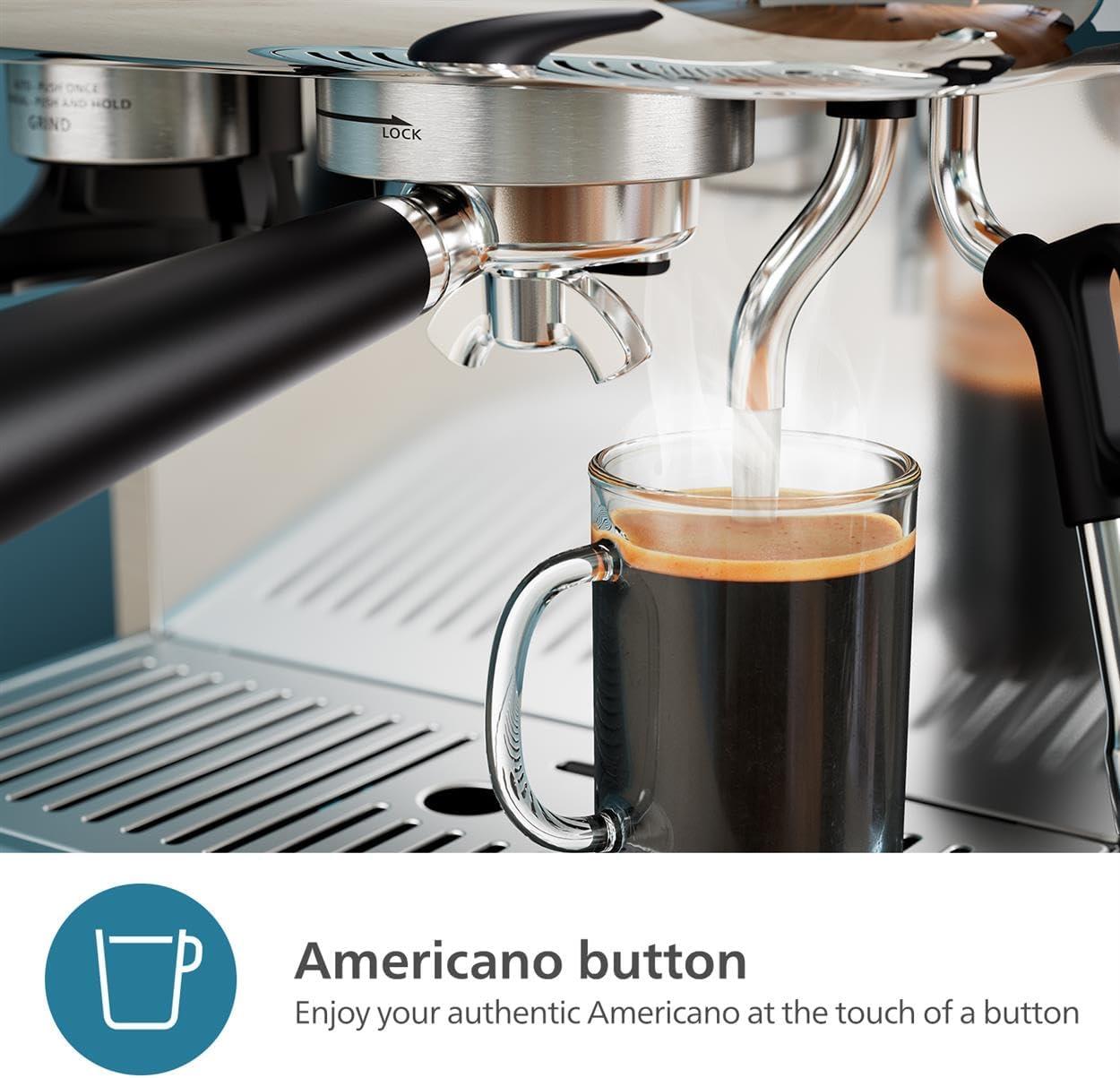 imagePhilips Barista Brew Semi Automatic Espresso Machine Single amp Double EspressoAmericano 250g Bean ContainerGrinderMilk Jug with temperature indicatorCalibrated TampingMetal Silver PSA321801Metal Silver