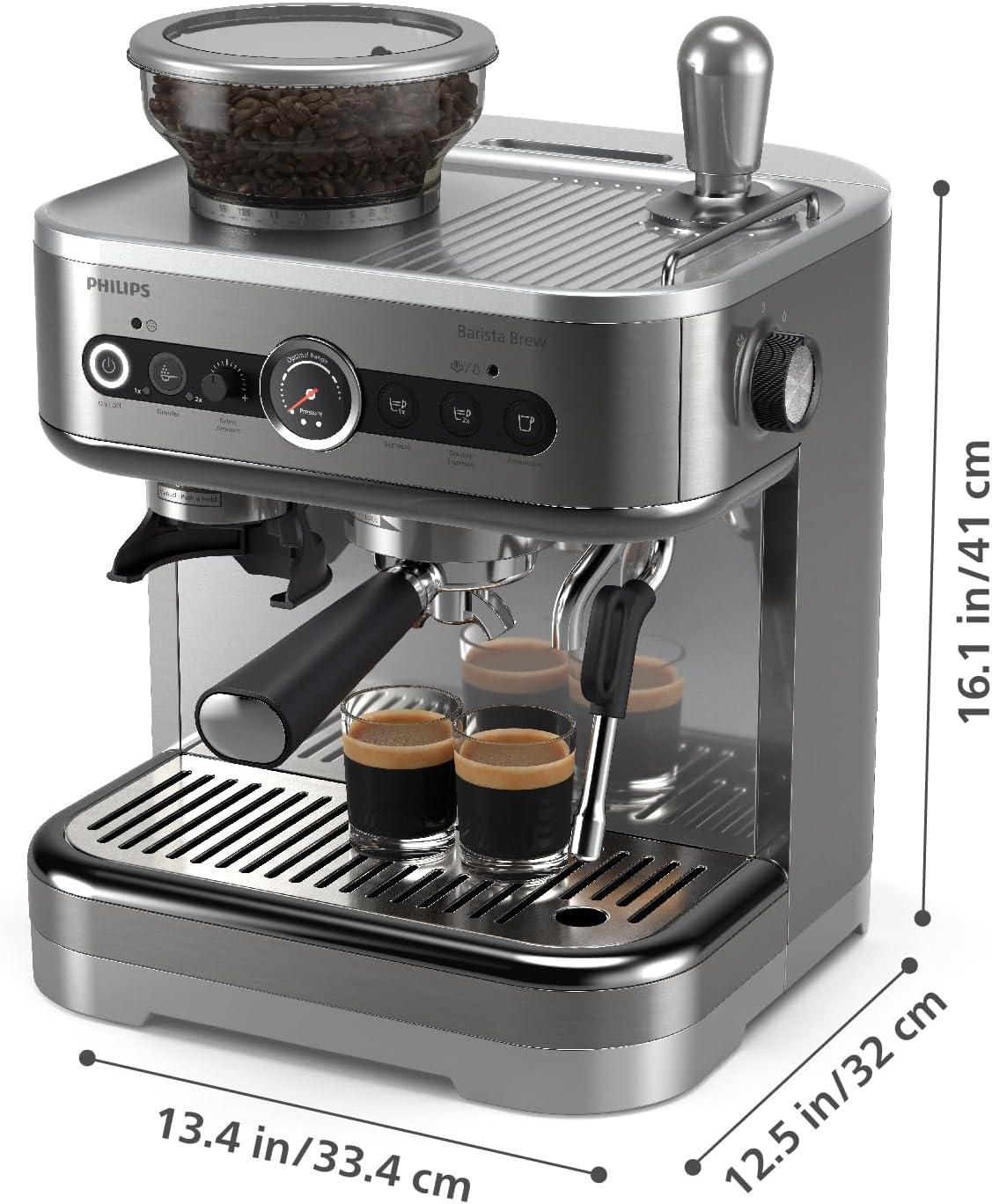 imagePhilips Barista Brew Semi Automatic Espresso Machine Single amp Double EspressoAmericano 250g Bean ContainerGrinderMilk Jug with temperature indicatorCalibrated TampingMetal Silver PSA321801Metal Silver