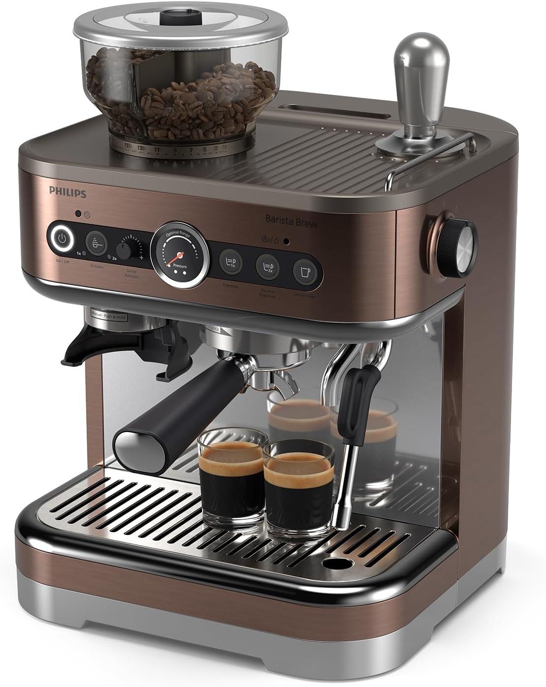 imagePhilips Barista Brew Semi Automatic Espresso Machine Single amp Double EspressoAmericano 250g Bean ContainerGrinderMilk Jug with temperature indicatorCalibrated TampingMetal Silver PSA321801Metal Cappuccino