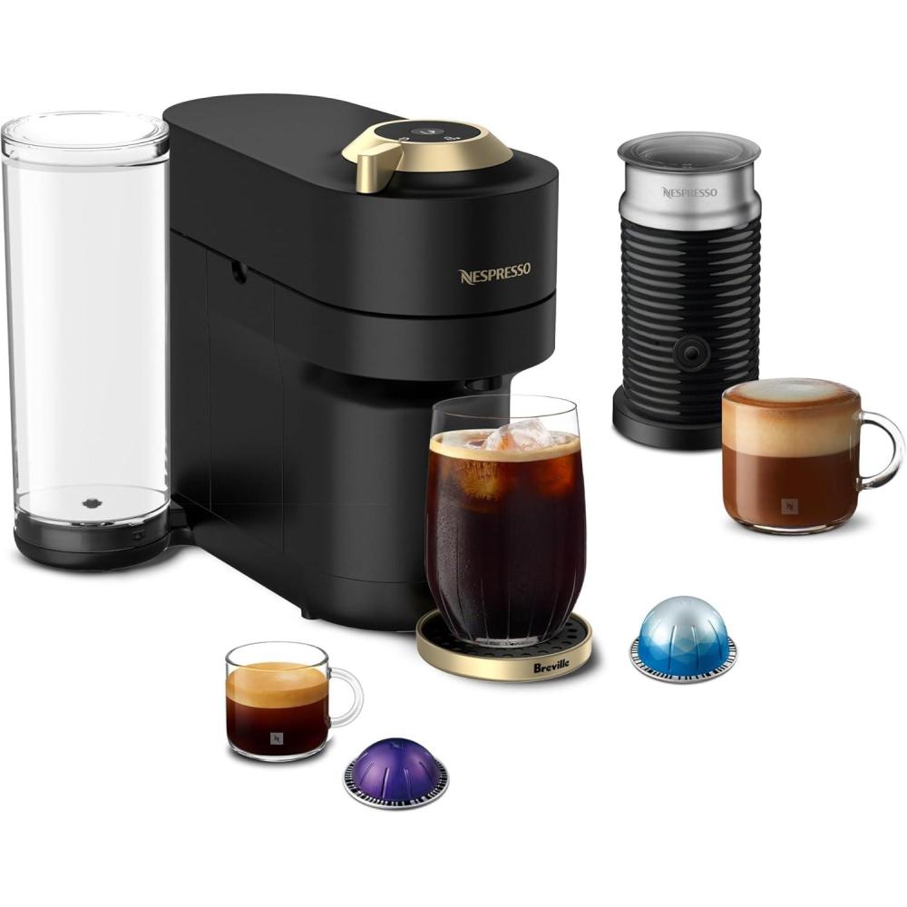 imageNespresso Festive Vertuo Pop Deluxe Coffee and Espresso Maker by Breville with Milk Frother Matte Black GoldMatte Black Gold