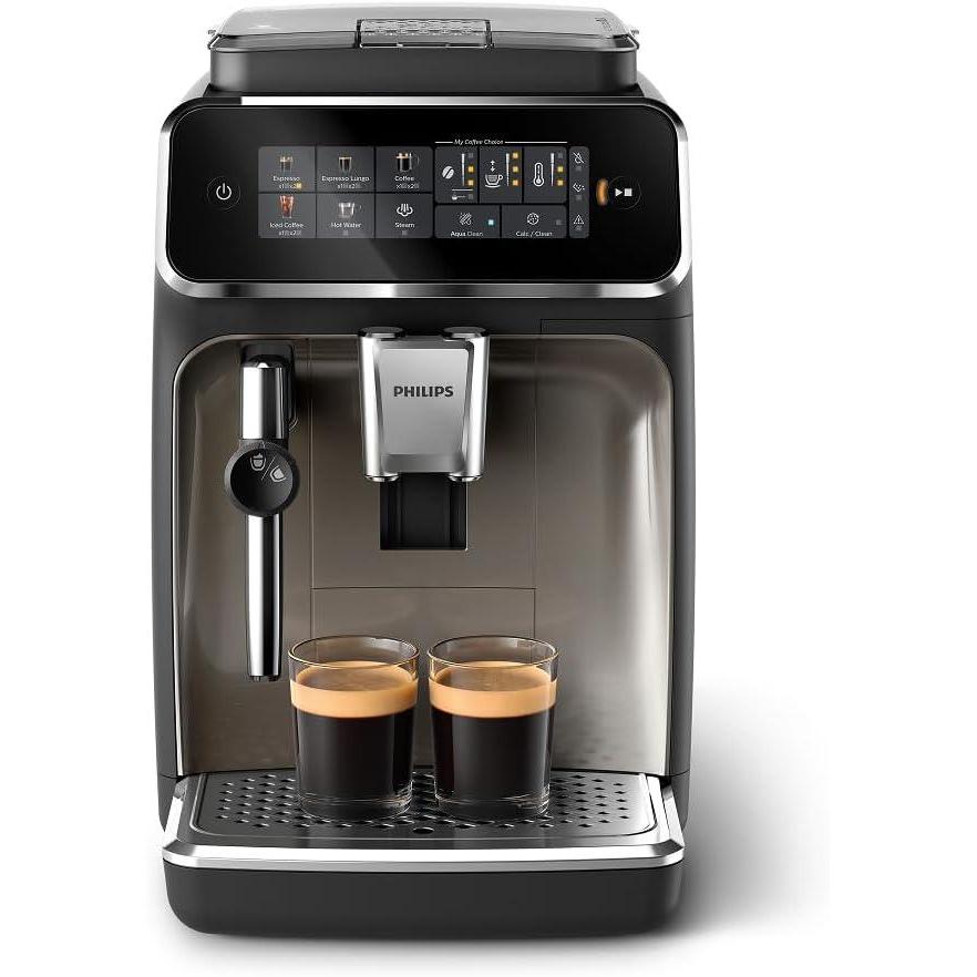 imagePhilips 3300 Series Fully Automatic Espresso Machine with integrated milk frother and grinder 5 Hot amp Iced Coffee PreSets 40 Quieter SilentBrew 15Bar Pressure Glossy Black EP332690Black Chrome