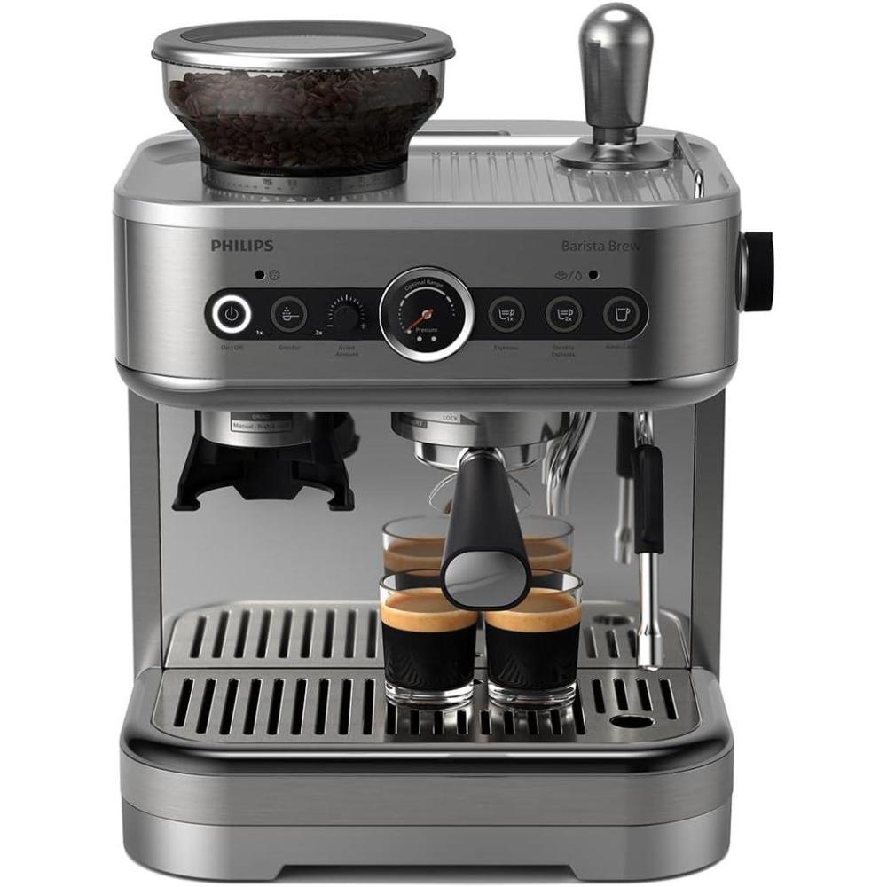 imagePhilips Barista Brew Semi Automatic Espresso Machine Single amp Double EspressoAmericano 250g Bean ContainerGrinderMilk Jug with temperature indicatorCalibrated TampingMetal Silver PSA321801Metal Silver