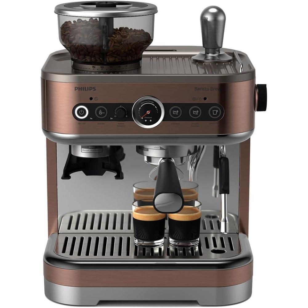 imagePhilips Barista Brew Semi Automatic Espresso Machine Single amp Double EspressoAmericano 250g Bean ContainerGrinderMilk Jug with temperature indicatorCalibrated TampingMetal Silver PSA321801Metal Cappuccino