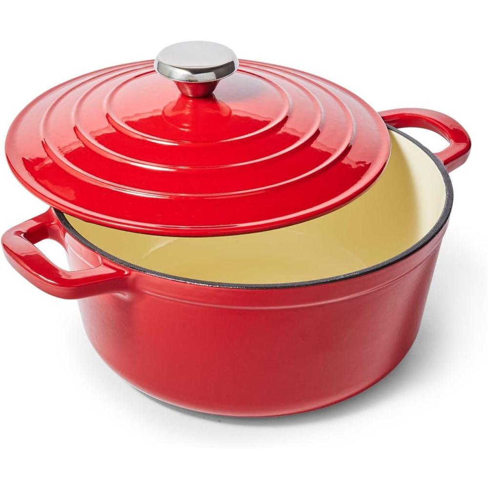 imageSur La Table 4Qt Enameled Cast Iron Dutch Oven Oven amp Broiler to 500F Induction Compatible with Lid for Braising Baking amp Deep Frying Nonstick Interior WhiteRed