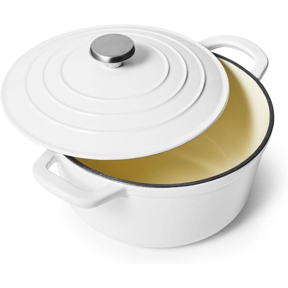 imageSur La Table 5Qt Enameled Cast Iron Dutch Oven With Lid for Braising Baking amp Deep Frying Induction Compatible Oven to 500F MoistureRetaining Design for Flavorful Results White
