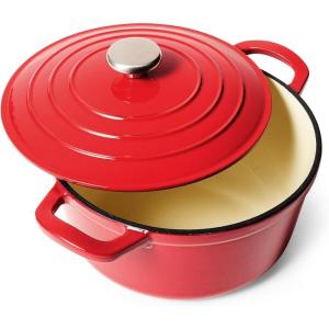 Sur La Table 5-Qt Enameled Cast Iron Dutch Oven – With Lid for Braising, Baking & Deep Frying, Induction Compatible, Oven to 500°F, Moisture-Retaining Design for Flavorful Results, Red